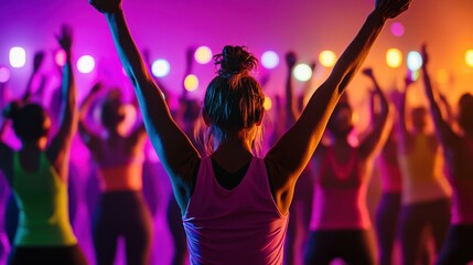 A Zumba dance class with vibrant energy, colorful lights, and enthusiastic participants