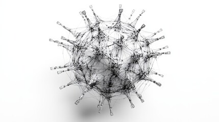 An intricate 3D wireframe model of a virus, monochromatic minimalism, modern scientific illustration, isolated on white background