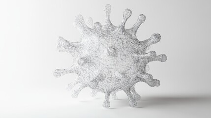 An intricate 3D wireframe model of a virus, monochromatic minimalism, modern scientific illustration, isolated on white background