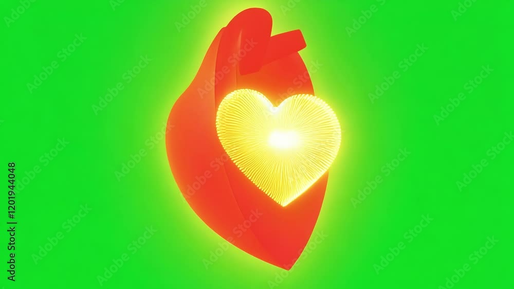 Aufkleber a large glowing heart with a pulsating rhythm inviting warmth. green screen chromakey.