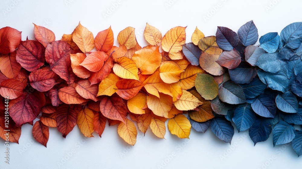 Poster autumn leaves display a vivid gradient of color from red to yellow to blue, a transition from warm t
