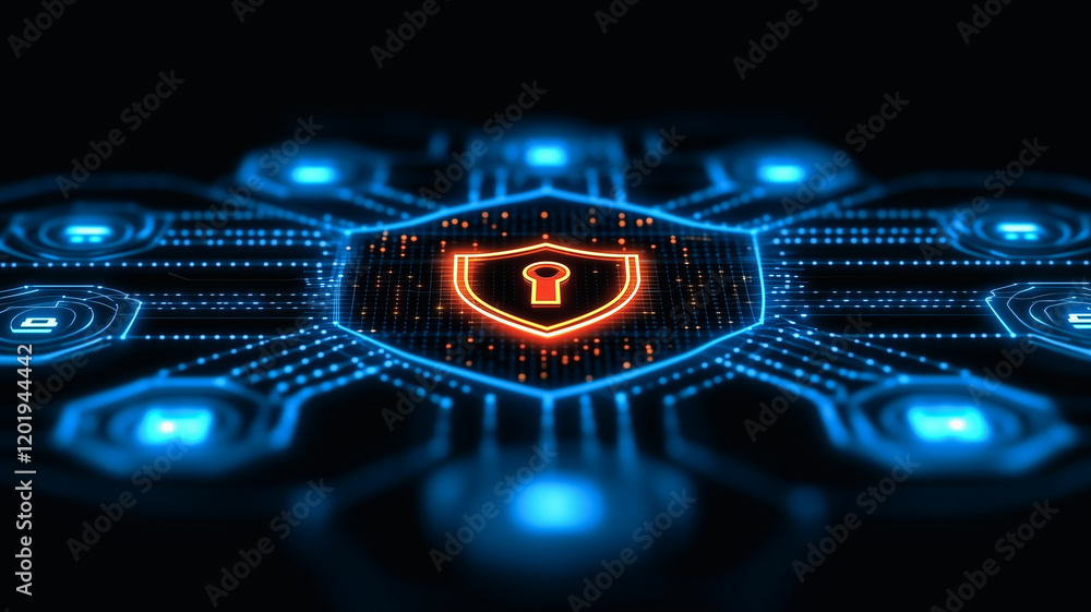 Poster cybersecurity network: a futuristic digital illustration depicting a glowing shield with a keyhole, 