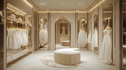 A luxurious bridal boutique fitting room with soft lighting and mirrors surrounding the space
