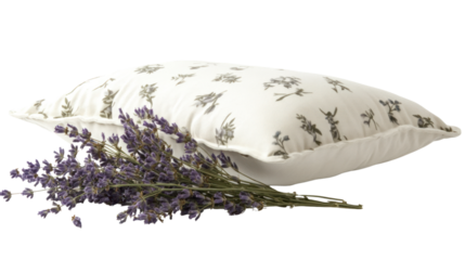 A cozy pillow adorned with a floral pattern, accompanied by fresh lavender, perfect for creating a relaxing and tranquil atmosphere at home.
