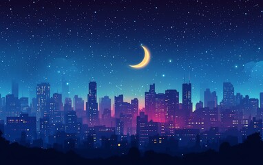 Fototapeta premium Night city skyline under crescent moon, starry sky