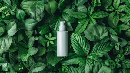 White spray bottle with blank label placed on green leafy background for natural skincare branding mockup and eco-friendly advertising visuals  
