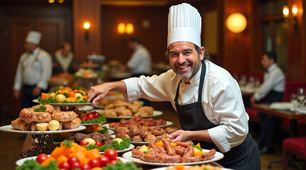 The chef serves a buffet meal indoors at the restaurant with colorful meats, fruits and vegetables