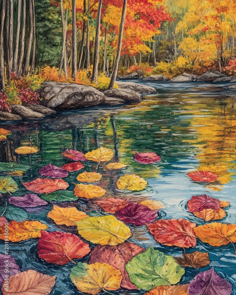 Poster a vibrant image of leaves floating in a calm stream, surrounded by colorful autumn foliage