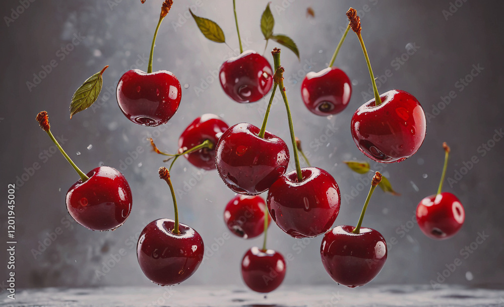 Poster a bunch of cherries are flying through the air. the cherries are red and are in various stages of fa