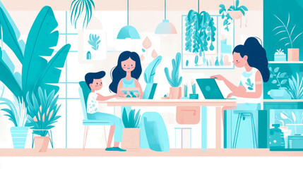 Family Working and Playing in a Plant-Filled Home Office
