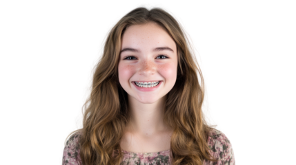 A cheerful young girl with braces smiles brightly, exuding happiness and confidence, perfect for conveying positivity and joy in various contexts.