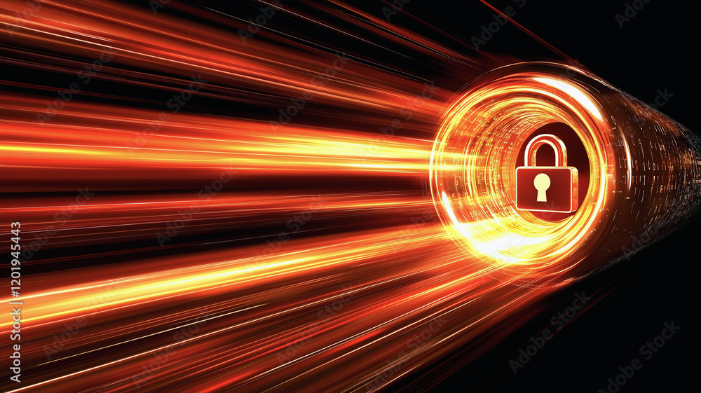Poster data security in motion: a stylized digital tunnel glows with fiery streaks of light, a central padl