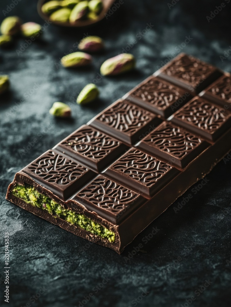 Poster indulgent chocolate with pistachio filling presented on a golden plate with intricate arabic pattern