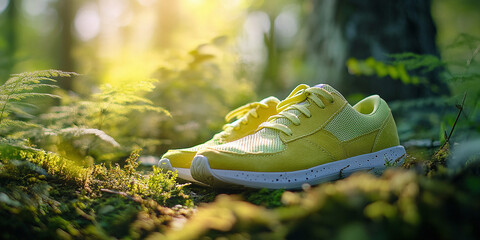 A pair of bright yellow sneakers placed on a mossy forest floor, surrounded by lush greenery and soft sunlight, symbolizing outdoor exploration, sustainability, and active living.