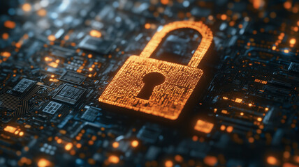 Cybersecurity Lock: A digital padlock, intricately detailed and glowing amber, rests on a complex circuit board, symbolizing the robust protection of data in the digital age.
