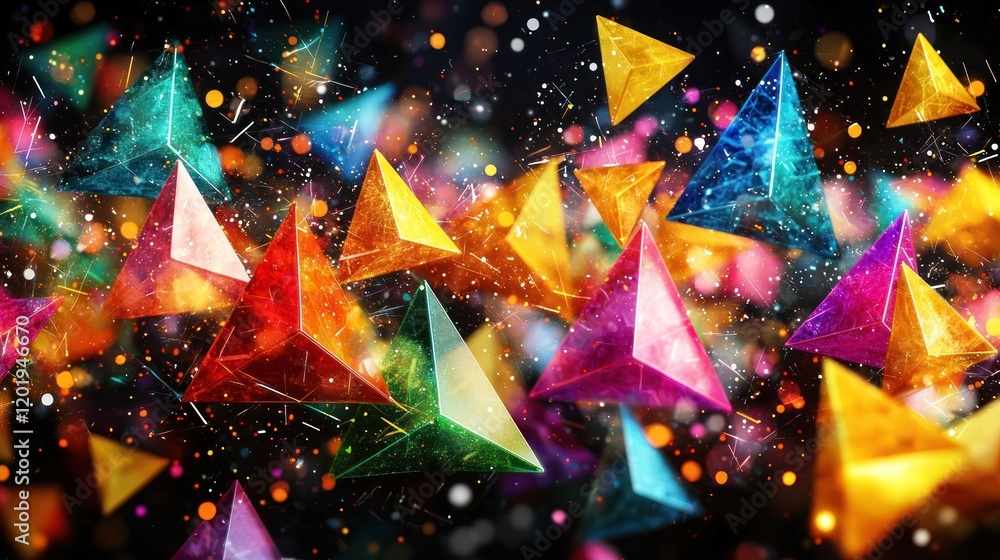 Poster vibrant multicolored triangular crystals sparkling with glitter and bokeh lights against a dark back