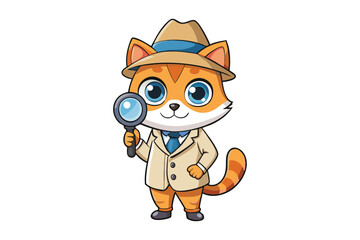 A cute cat in detective suit, holding a magnifying glass vector art illustration.eps