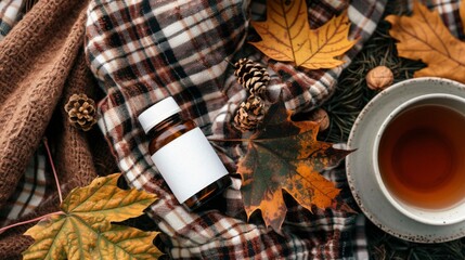 Amber glass bottle with blank label amidst autumn elements like plaid pinecones and colorful leaves perfect for product visuals  

