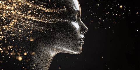 An abstract silhouette of a female face with shimmering gold particles in motion, symbolizing beauty, elegance, creativity, and the transformative power of imagination..