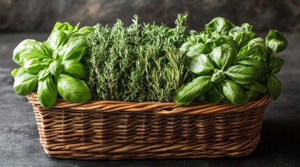 Naklejka premium Fresh basil, thyme, and rosemary herbs in a wicker basket on a dark background. Use cooking, recipe blogs