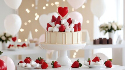 Delightful White Cake Topped with Red Heart and Fresh Strawberries in a Festive Setting with Balloons