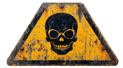 Weathered Triangular Warning Sign with Bold Skull Symbol on Distressed Yellow Background