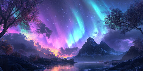 A breathtaking starry night sky with vibrant aurora lights above a serene landscape, symbolizing wonder, nature's beauty, and the mysteries of the universe.