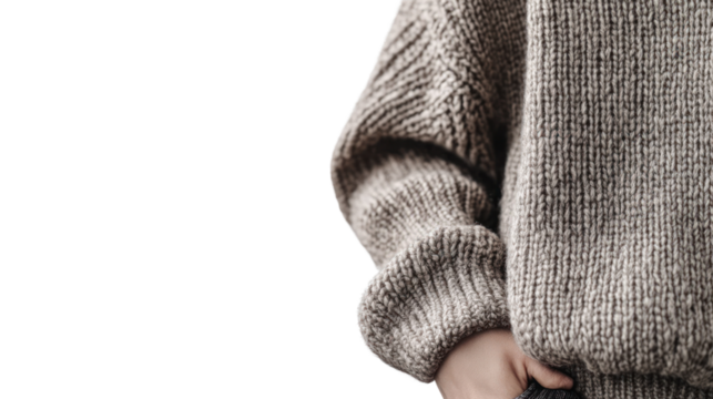 A close-up of a person wearing a cozy, oversized sweater. The soft texture and neutral color create a warm, inviting atmosphere perfect for autumn.