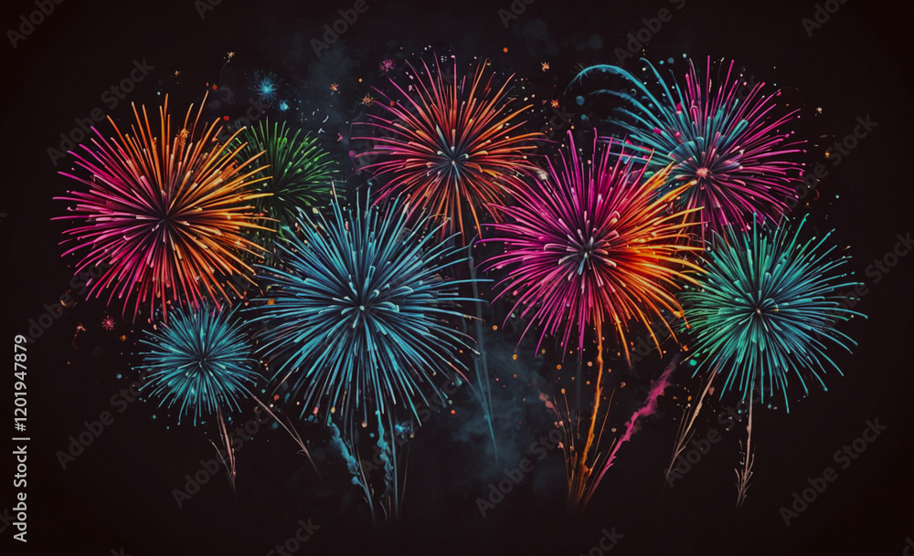 Poster a colorful fireworks display with a black background. the fireworks are in various colors and are ar