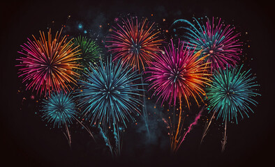 A colorful fireworks display with a black background. The fireworks are in various colors and are arranged in a row. Scene is festive and celebratory