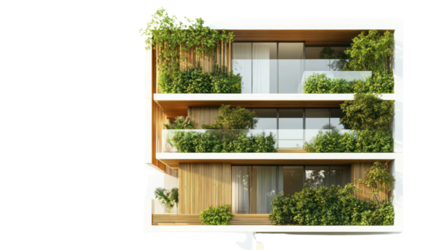 A modern architectural design showcasing a multi-level building with lush vertical gardens, blending nature and urban living harmoniously.
