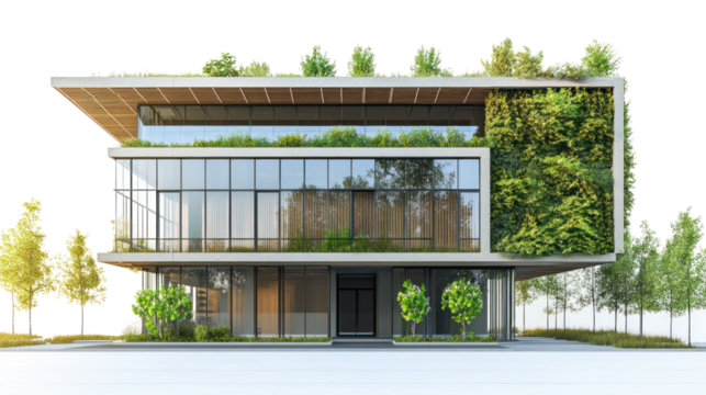 A modern building with green walls, large glass windows, and a rooftop garden, showcasing a sustainable design that blends nature with urban living.