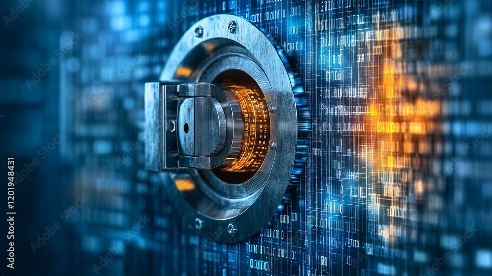 Poster digital vault: a close-up shot of a futuristic digital vault door with intricate circuitry, highligh