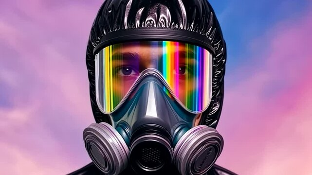A person in a rainbow-reflective gas mask, symbolizing pride and futuristic themes, against a colorful sky