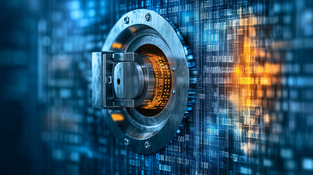 Digital Vault: A close-up shot of a futuristic digital vault door with intricate circuitry, highlighting the security and innovation of modern data storage.