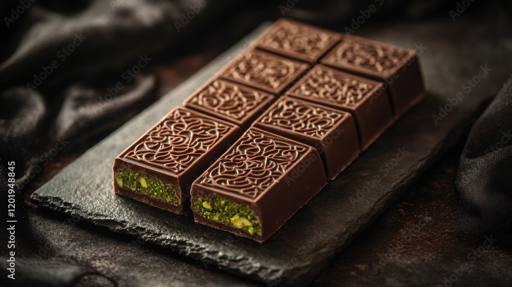Poster delicious cut chocolate with pistachio filling on a golden plate surrounded by intricate arabic patt