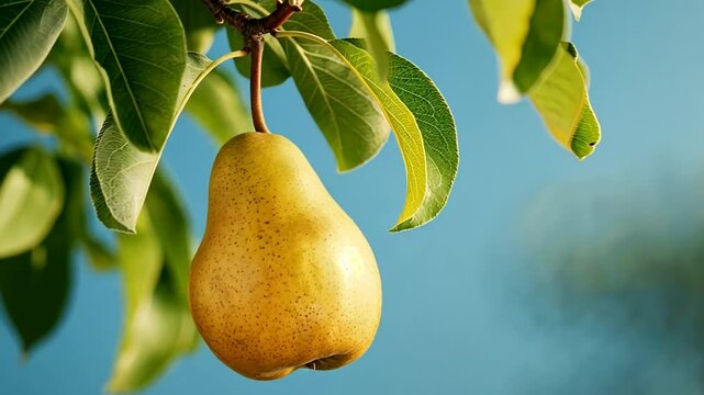 A ripe pear hangs from a tree branch against a clear blue sky, symbolizing autumn harvest and abundance