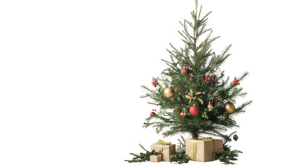 A beautifully decorated Christmas tree adorned with ornaments and surrounded by presents, capturing the essence of holiday cheer and festivity.