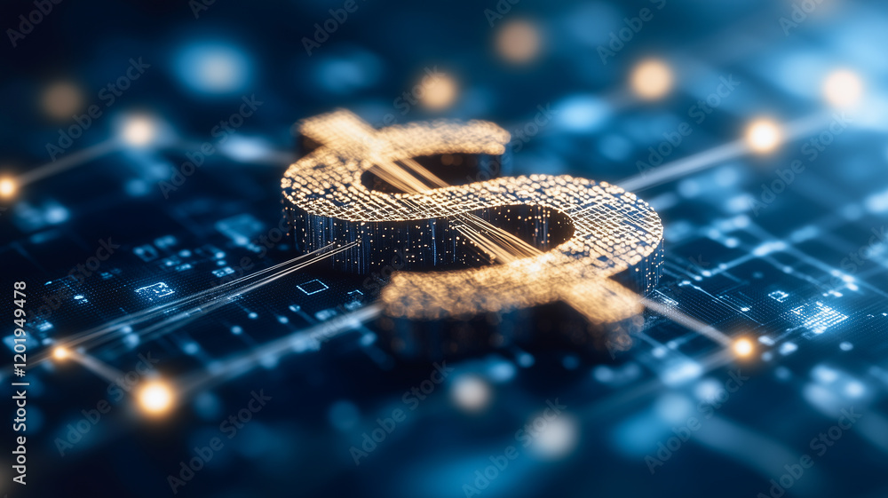 Poster digital currency: a golden dollar sign rests on a circuit board, symbolizing the intersection of fin