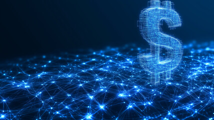 Digital Currency Symbol: An abstract representation of the dollar symbol, rendered in shimmering, interconnected lines of light against a dark blue backdrop.