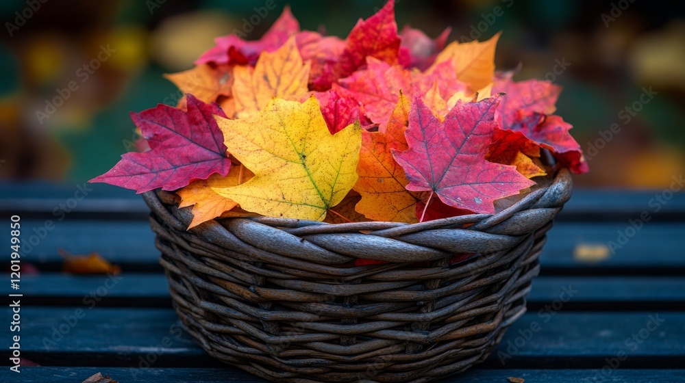Poster a rustic wicker basket overflowing with vibrant fall maple leaves on a dark wooden bench capturing t