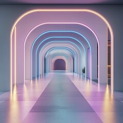 Obraz premium A modern corridor illuminated by colorful neon lights, featuring archways that create a dynamic and vibrant atmosphere.