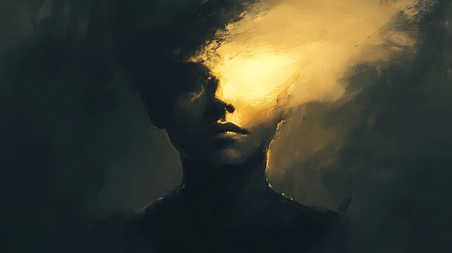 A portrait of an adult with light softly illuminating their features conveying a peaceful and reflective mood