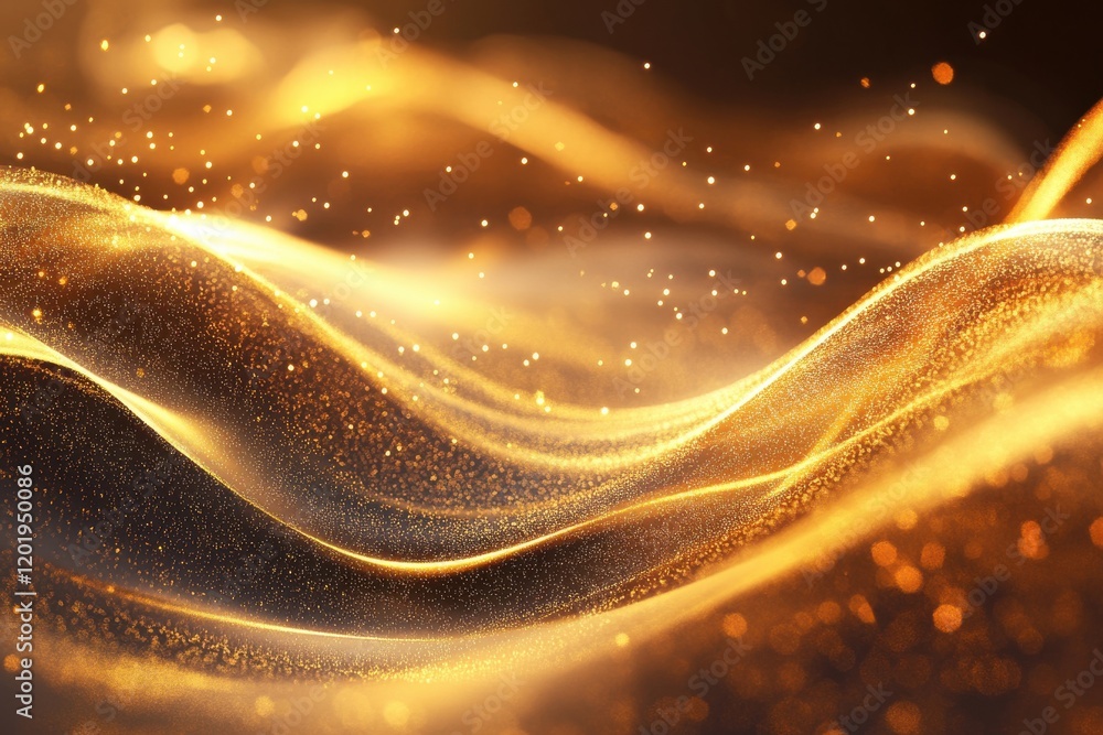 Poster elegant golden wave patterns with luminous particles and starry trails on a clear background, perfec