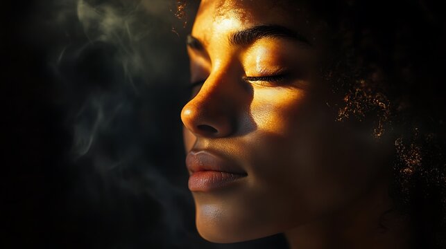 A portrait of an adult with light softly illuminating their features conveying a peaceful and reflective mood