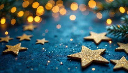Golden stars scattered on a deep blue textured surface creating a festive ambiance