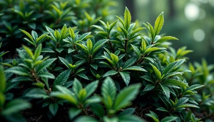 Close-up of dense evergreen foliage with rich green tones and intricate needle details