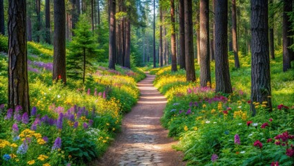 Obraz premium A winding stone path stretches endlessly into a dense forest, lined with tall trees and vibrant wildflowers, inviting exploration and discovery , endless landscape, nature trail