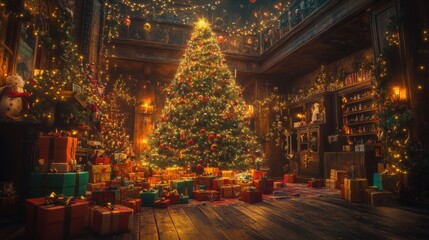 A vibrant photo of a Christmas tree surrounded by wrapped presents and warm glowing lights