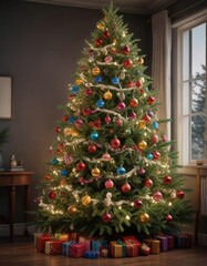 A lush and vibrant fir Christmas tree filled with colorful ornaments and garlands wrapped around its branches, sparkling lights, bows